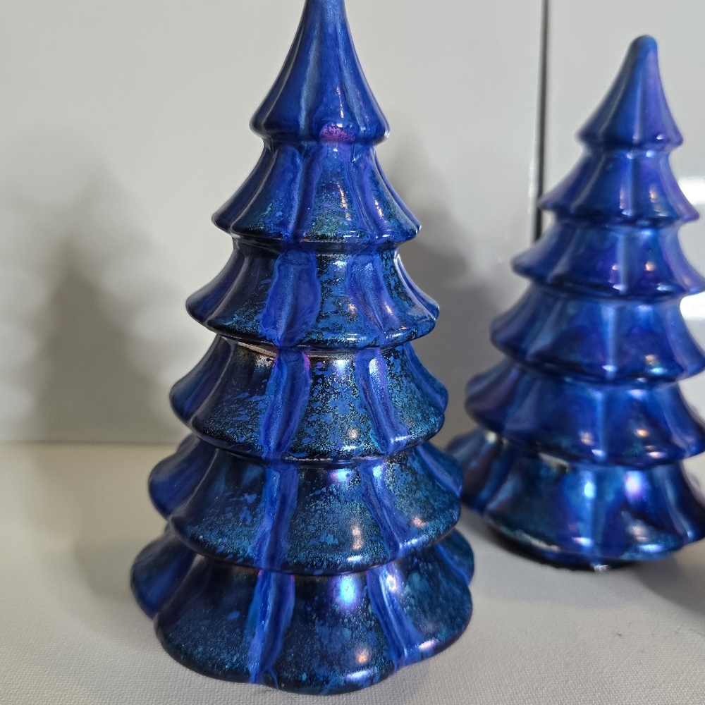 3 HANDCRAFTED Upcycled Blue Holiday Trees HANDPAINTED Tabletop Art Decor Artwork - Picture 12 of 12
